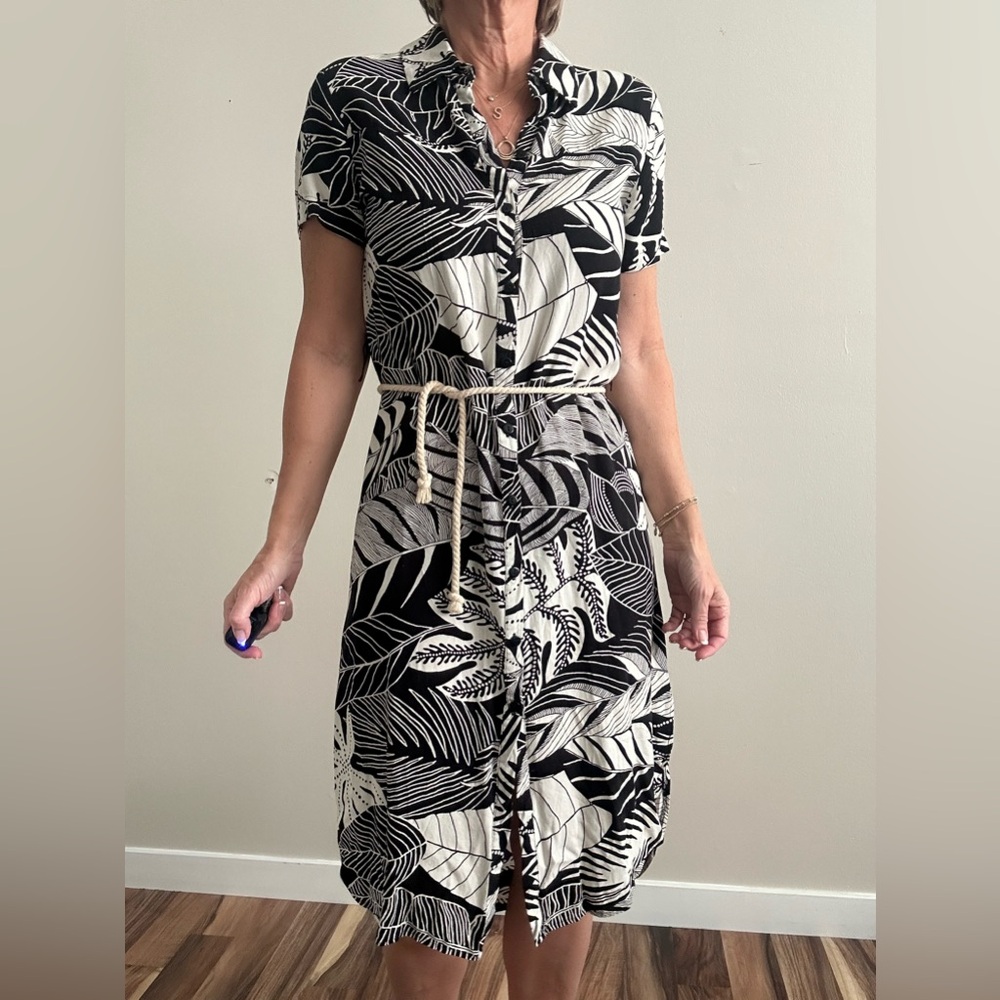 Farm Rio Anthropologie Black and White Leaf Midi Dress